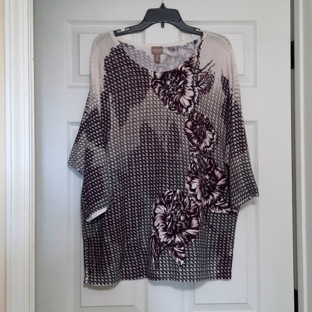 Chico's 3 XL Purple White Floral Shortsleeve Cotton Pullover Sweater